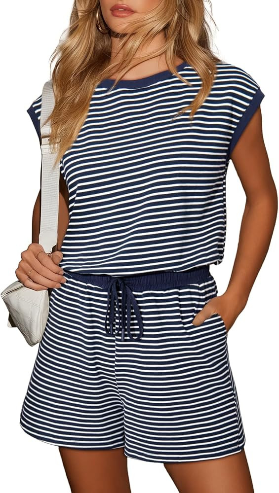 Dokotoo Women's Summer Casual Rompers Striped Shorts Overalls Adjustable Drawstring Waist Jumpsui... | Amazon (US)