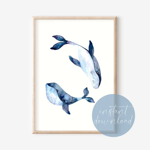 Watercolor Blue Whales Print Digital Download, Nursery Wall Art, Kids Bedroom Decor, Nautical Nur... | Etsy (US)