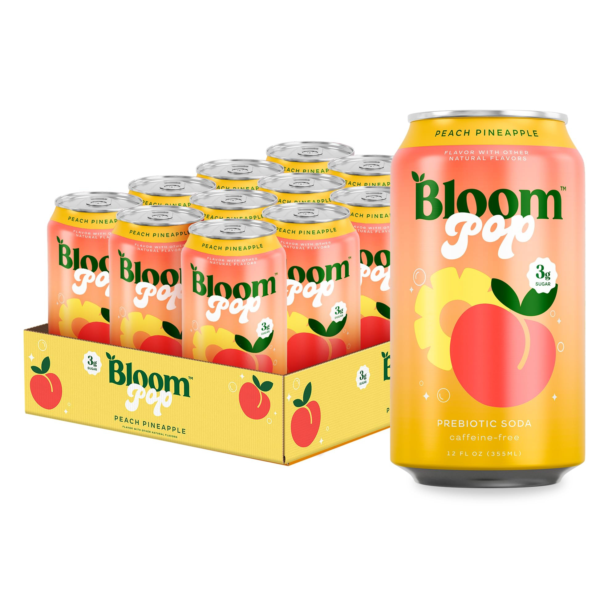 Bloom Pop Prebiotic Soda 12 Pack, Peach Pineapple, 12oz Cans | Prebiotic Soda for Gut Health, Low... | Amazon (US)