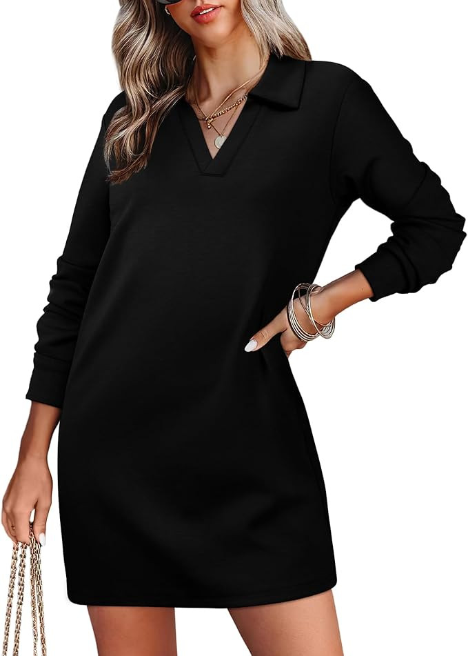 WIHOLL Womens Long Sleeve Lapel Collared V Neck Sweatshirt Dress Loose Fit Solid Color Mini Dress... | Amazon (US)