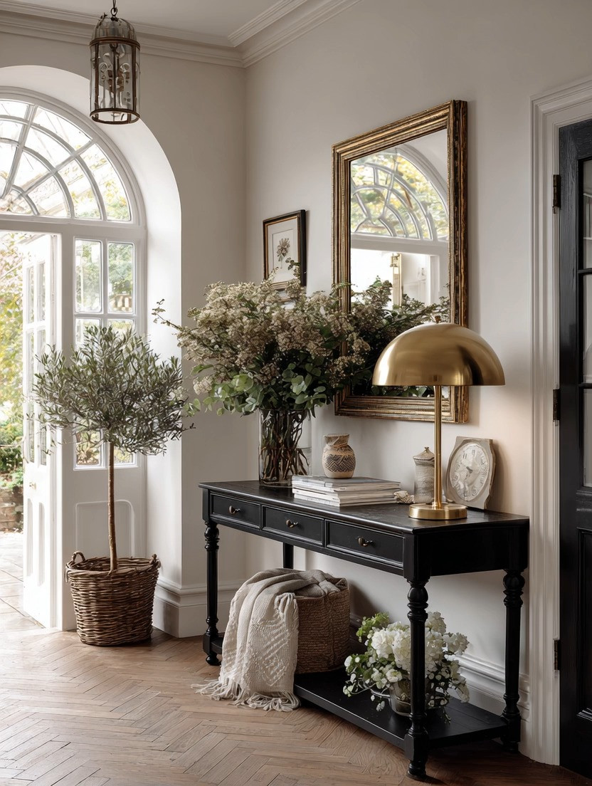 California countryside meets Paris apartment elegance.

Console tables are no longer just rustic wood or traditional farmhouse white. Modern designer homes are bringing in richer contrast with elegant black console tables paired with warm gold accents, creating a look that feels timeless, sophisticated, and incredibly intentional.

And the detail that changes everything?
The dome-style table lamp.

You can place almost any lamp on a console table, but a gold dome lamp instantly modernizes the entire setup. During the day, it acts like a sculptural statement piece. At night, it completely transforms the atmosphere by casting the warmest glow through your entryway, hallway, living room, or staircase.

One of the biggest mistakes people make with console tables is leaving them without lighting.
A console table should not disappear at night. It should softly illuminate the home and create that warm luxury-hotel feeling the moment you walk in.

The combination of black wood, warm gold, soft lighting, natural greenery, and layered textures creates that perfect balance between modern elegance and countryside warmth.

And the best part?
You do not need a massive entryway to recreate this look. Even a small hallway or empty wall can instantly feel elevated with these few pieces.

Explore our curated edit of elegant black console tables, gold frame mirrors, and modern dome-style table lamps to recreate this luxurious designer-inspired look at home.

#ConsoleTable #EntrywayDecor #LuxuryHomeDecor 

 #LTKHome