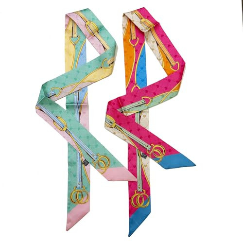 SansHeBe 2 Pack Silk Purse Scarf For Handbags Head Hair Ribbon Fashion Skinny Scarf For Women Long Neckerchief (Yellow Chain) | Amazon (US)