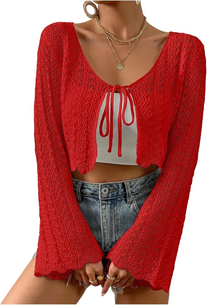 Verdusa Women's Tie Front Crop Cardigan Bell Long Sleeve Scalloped Lightweight Knit Tops Summer B... | Amazon (US)