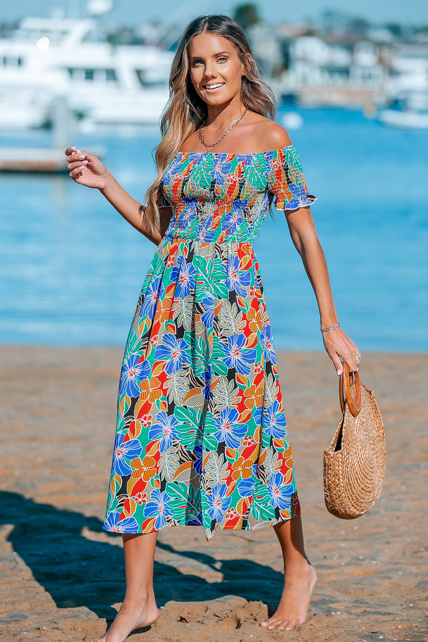 Tropical Bloom Off-Shoulder Smocked Maxi Dress | Cupshe US