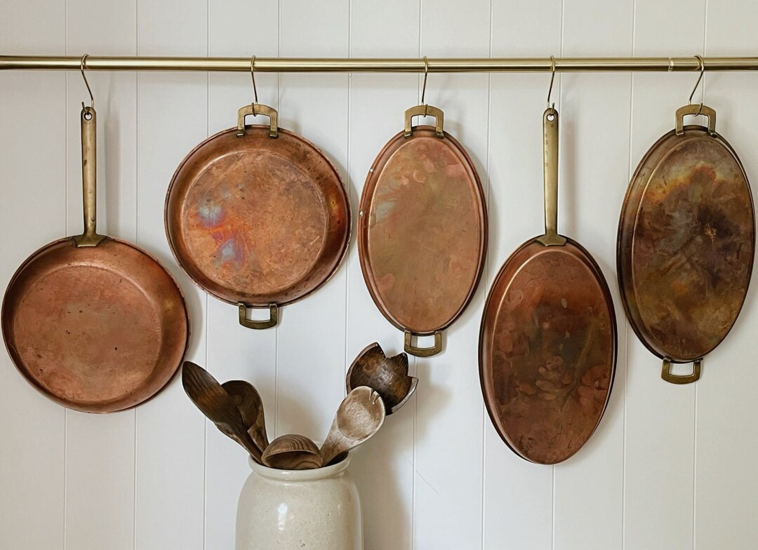 You choose- Vintage patina copper cooking pans Steel lined with brass handles, decor for pot rail... | Etsy (US)