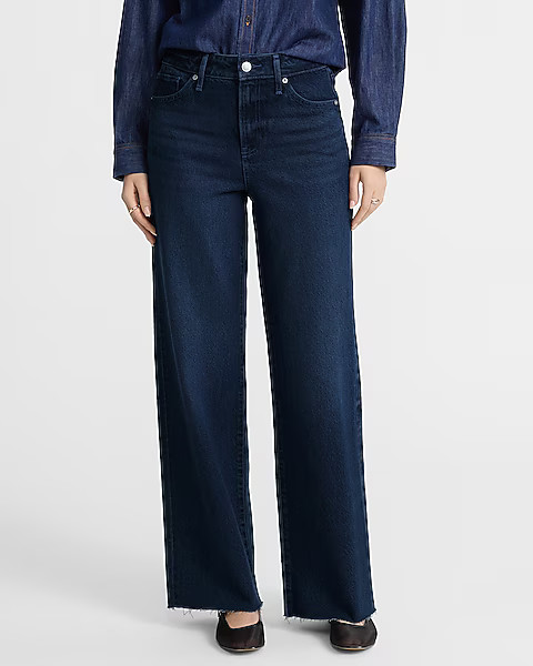 High Waisted Dark Wash 50/50 Rigid Stretch Wide Leg Jeans | Express