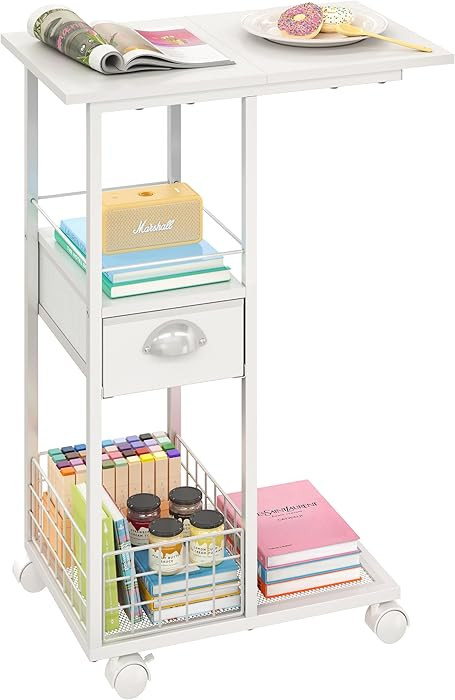 Rolling Side Table with Storage Drawer, White Bedside Table with Wheels, TV Tray for Sofa, Portab... | Amazon (US)
