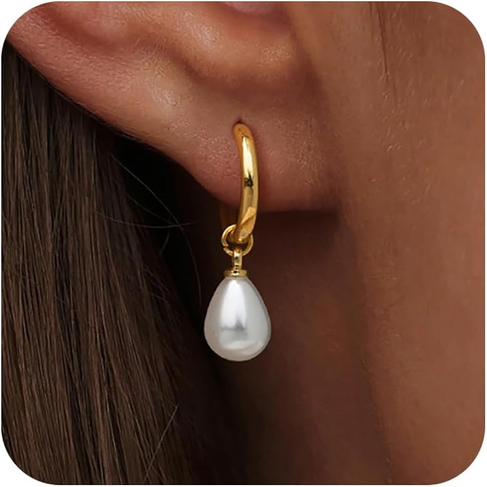 Pearl Earrings for Women, Trendy 14k Gold Pearl Dangle Drop Hoop Huggies Earrings Cubic Zirconia ... | Amazon (US)