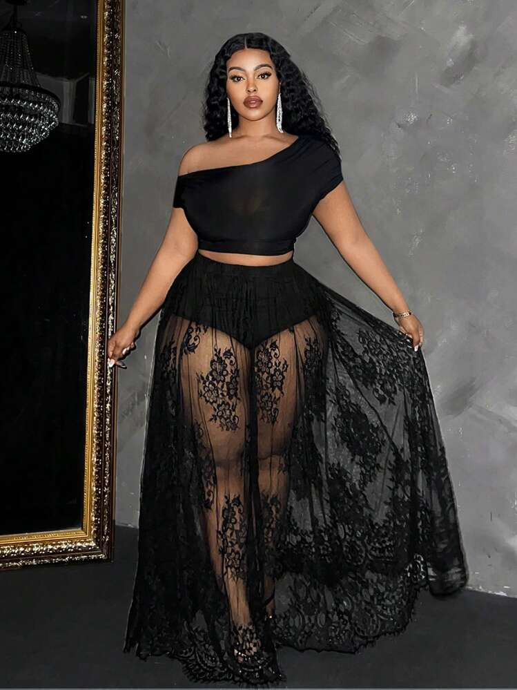 Maweii Plus Size Sexy Lace Pattern Sheer Long Skirt Maxi Women Outfit | SHEIN
