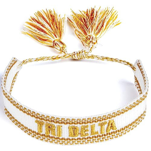 Sorority Shop Delta Delta Delta Bracelet — Woven Bracelet, White and Gold Design with Tri Delta Sorority Name and Tassels, Greek Sorority Jewelry and Big Little Sorority Gifts | Amazon (US)