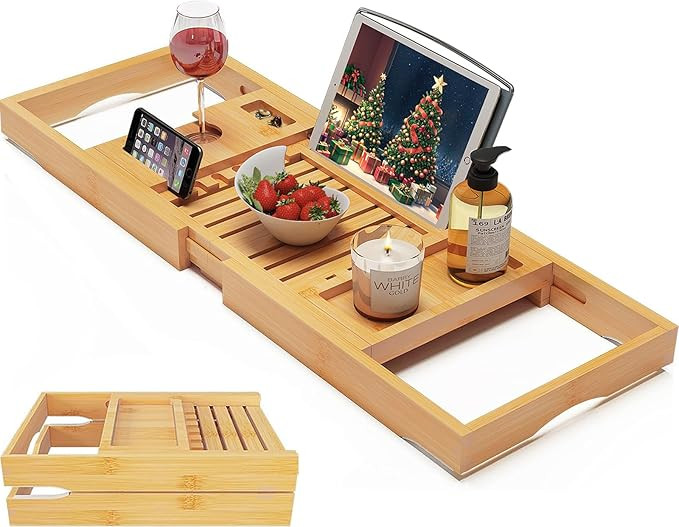 Foldable Bamboo Bathtub Caddy Tray Expandable for Luxury Bath, Bath Accessories & Table with Wine... | Amazon (US)