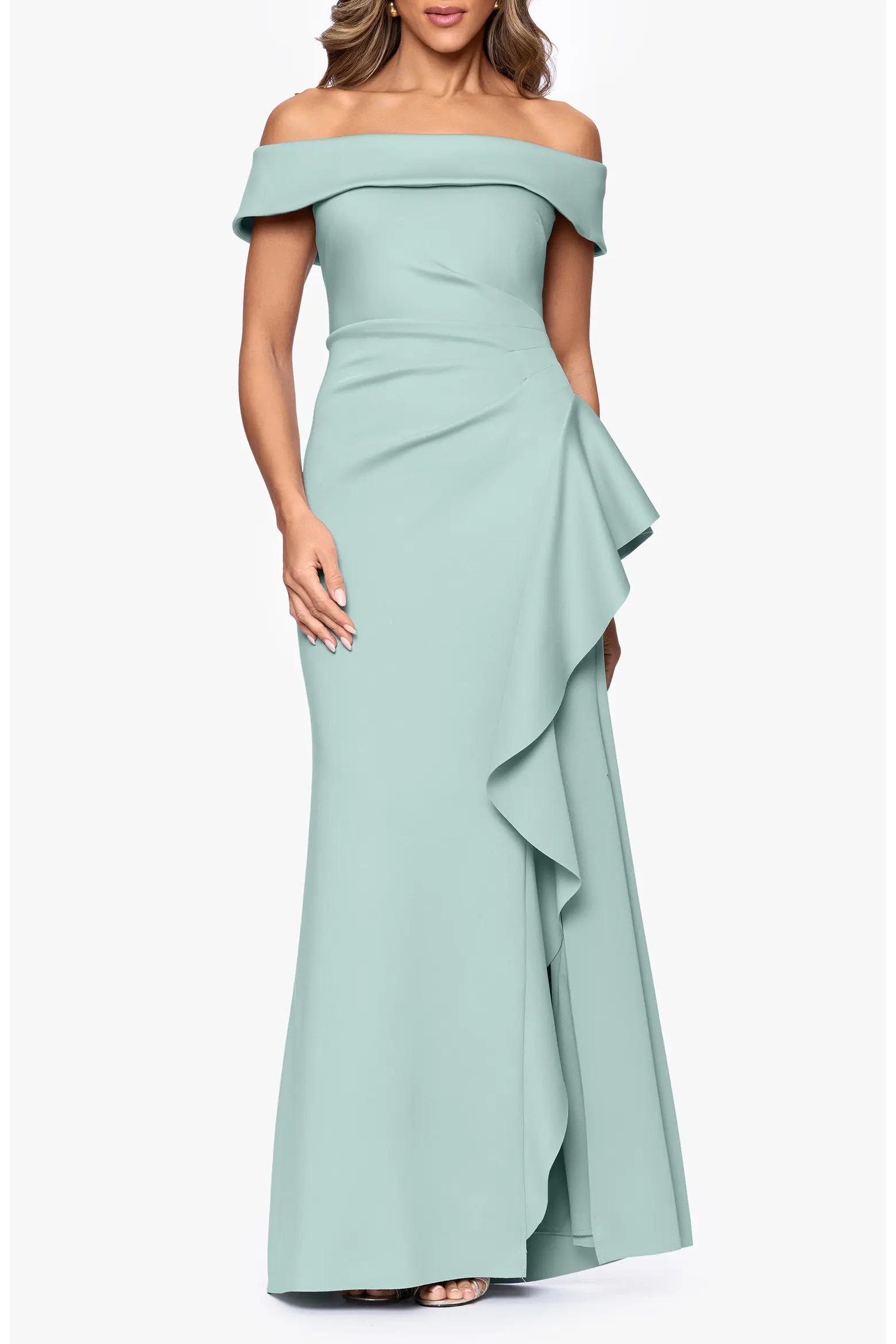 Xscape Evenings Ruffle Off the Shoulder Scuba Knit Gown (Women) | Nordstrom | Nordstrom