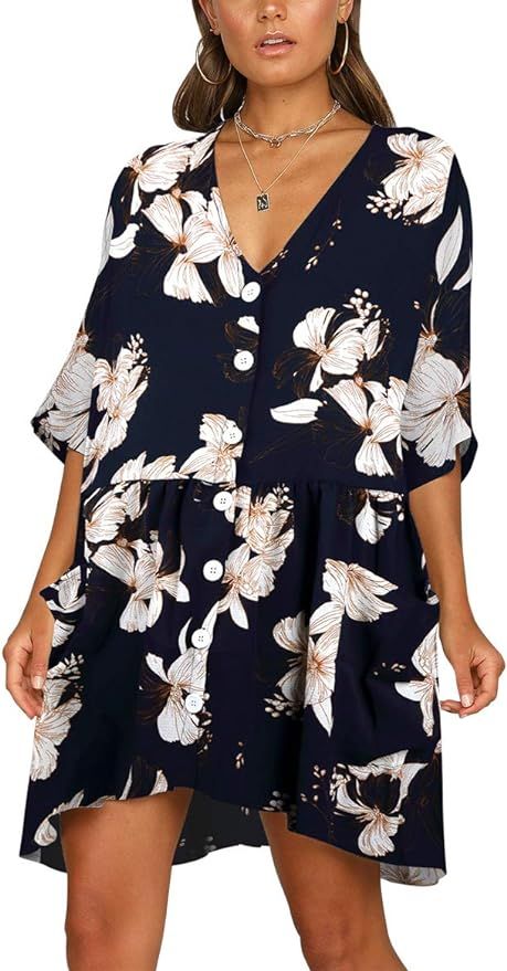 BELONGSCI Women's Casual Dress Half Sleeve Button Down V-Neck Pocketed Loose T-Shirt Dress Oversi... | Amazon (US)