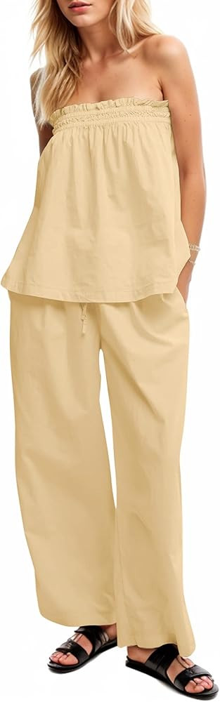 MISSACTIVER Women's Two Piece Outfit Strapless Tube Top and Beach Wide Leg Pants Set 2 Piece Loun... | Amazon (US)