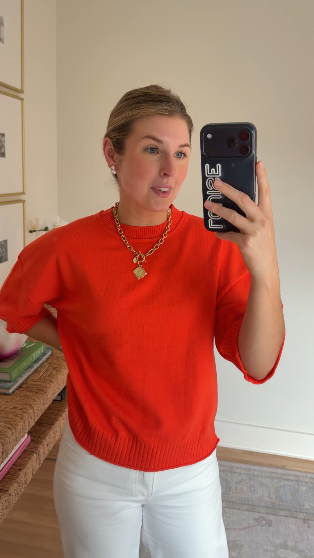 Cute orange knit top for spring! Wearing a s. Code LOUISE15 at Avara and Susan Shaw!