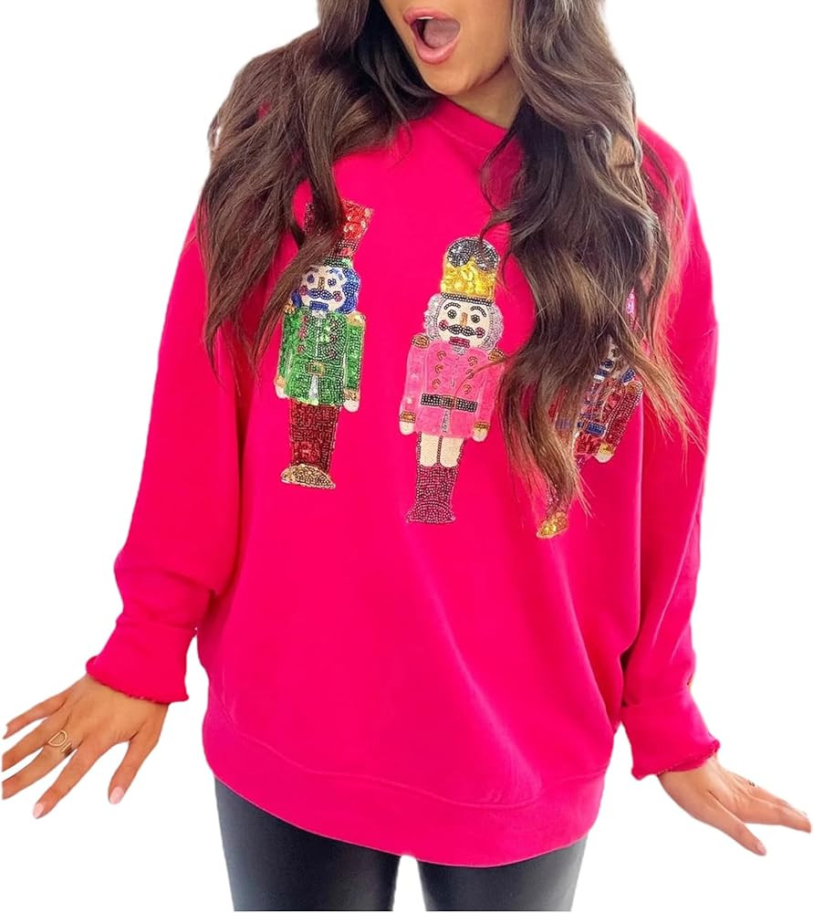 Women Cute Glitter Holiday Letter Sweaters Sparkle Sequin Long Sleeve Tops Casual Round Neck Pull... | Amazon (US)