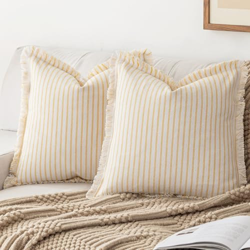 YEENAASY Striped Farmhouse Throw Pillow Covers 26X26 Set of 2 Boho Pillow Cover with Fringe Tassel Chic Cotton Decorative Pillows Modern Neutral Square Cushion Pillowcase for Sofa Couch Bed,Yellow | Amazon (US)