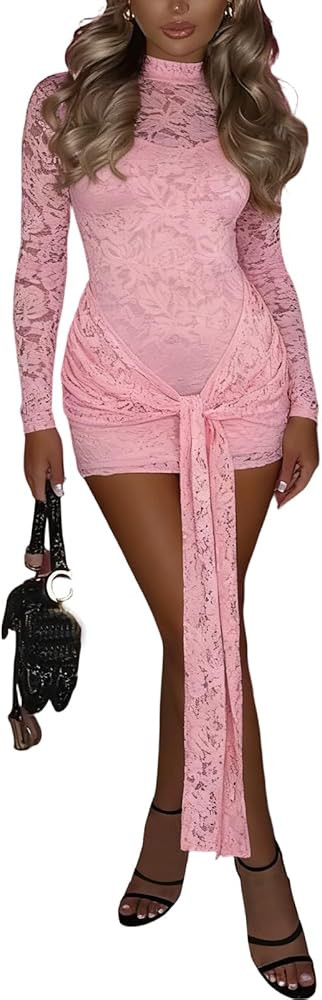 Women's Sexy 2 Piece Lace Dress Set Bodycon Front Tie Wrap Mini Dress Birthday Date Night Outfits... | Amazon (US)