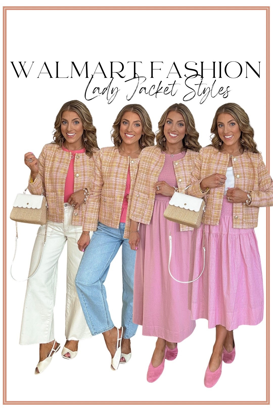 4 ways to style this $29 Walmart tweed lady jacket and every single one is head-to-toe Walmart 👏🏼💗

This chic pink + yellow tweed jacket with gold button details is the ultimate elevated staple. It instantly makes any outfit look polished and put together — but still affordable.

✨ Look 1: Paired with a bright pink top and cream wide leg pants for a classic, feminine spring outfit.
✨ Look 2: Styled with a simple tee and light wash jeans for an easy everyday look.
✨ Look 3: Layered over a pink midi dress for the sweetest brunch, church, or shower outfit.
✨ Look 4: Dressed up with a white top and flowy pink skirt for a more polished, dressy vibe.

This Walmart fashion find is perfect for work, date night, Easter, spring events, or anytime you want that timeless “lady jacket” look without the designer price tag. I cannot believe it’s only $29 🙌🏼

Affordable, versatile, and so easy to style — Walmart is seriously delivering this season.

#WalmartFashion #WalmartFinds #TweedJacket #LadyJacket #AffordableFashion #SpringOutfits #HeadToToeWalmart #WorkwearStyle #ChicStyle #ClassicStyle #BudgetFashion #WomensFashion

#LTKPetite #LTKootd