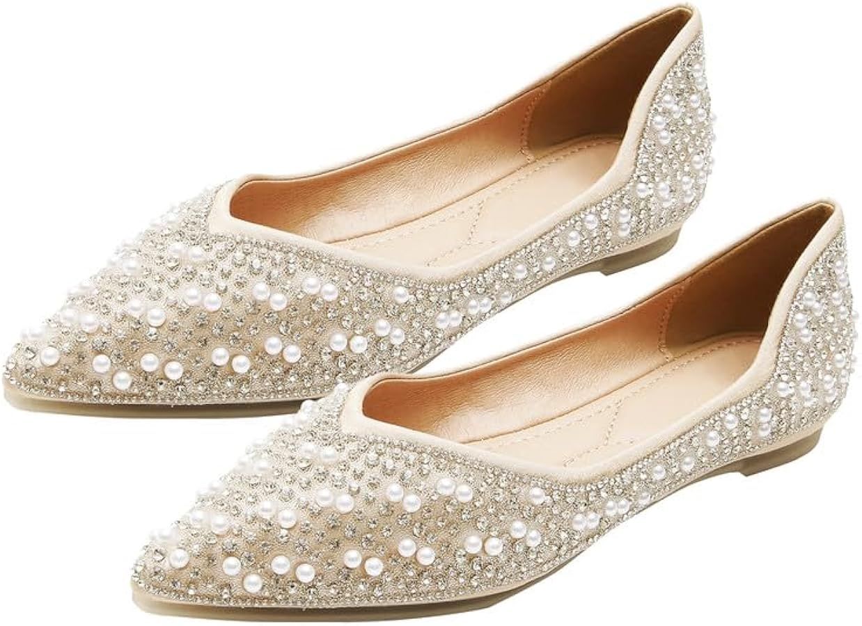 Women's Rhinestone Flats Fashion Pointed Toe Pearl Diamond Low Heel Dress Wedding Flats Work Busi... | Amazon (US)