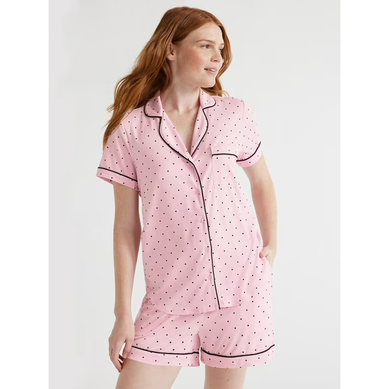 Joyspun Women’s Short Sleeve Notch Collar Top and Shorts Knit Pajama Set, 2-Piece, Sizes S to 3... | Walmart (US)