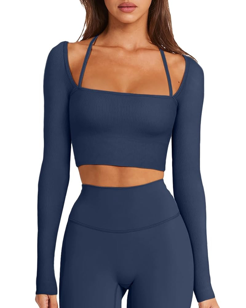 LASLULU Womens Sexy Square Neck Crop Top Ribbed Seamless Long Sleeve Workout Tops Halter Neck Ath... | Amazon (US)