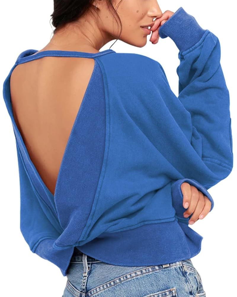 ReachMe Womens Open Back Sweatshirts Crop Backless Long Sleeve Shirts Off The Shoulder Crewneck W... | Amazon (US)