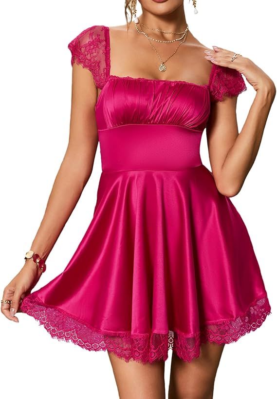 Women's Satin Lace Strap Mini Dress Square Neck Flowy A-Line Ruffle Swing Casual Short Dresses | Amazon (US)