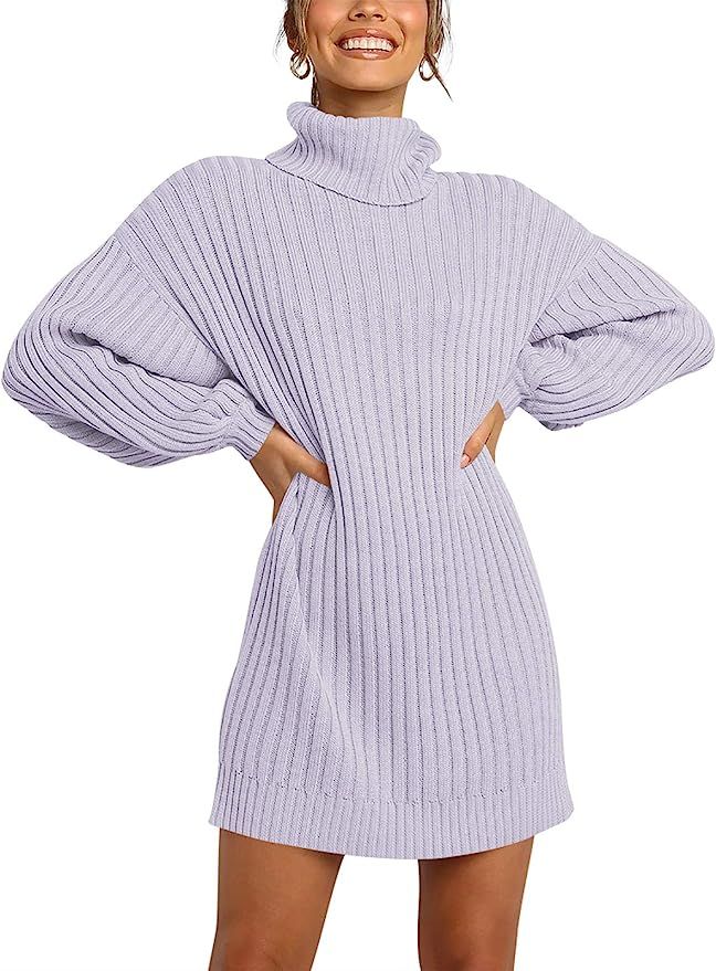 LOGENE Women's Sweater Dress Turtleneck Long Balloon Sleeve Ribbed Knit Oversized Pullover Dresse... | Amazon (US)