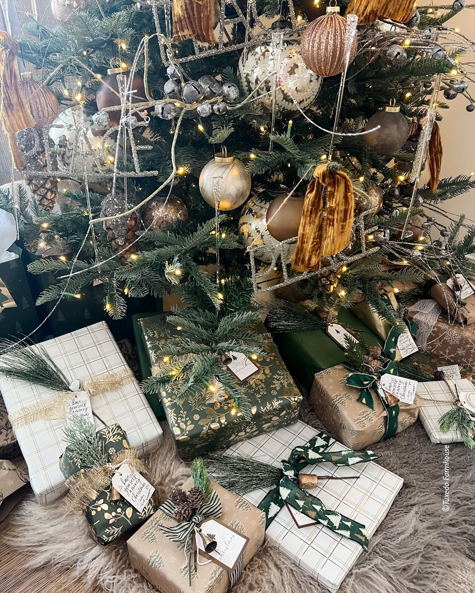 Wrap it Up! Some of these Christmas wrapping papers and ribbons are still available. I cut apart greenery picks and sprays and use with small bells as adornments  