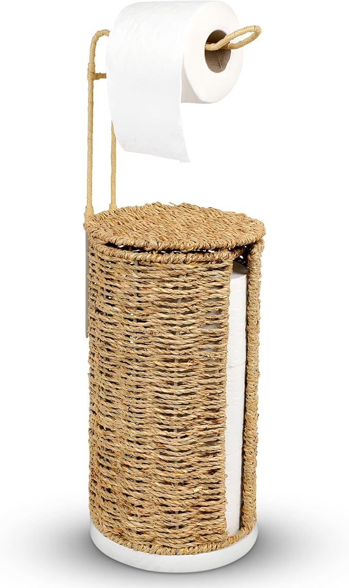 Freestanding Wicker Toilet Paper Holder with Lid, 3 Rolls of Toilet Tissue Storage, Rattan Handma... | Amazon (US)
