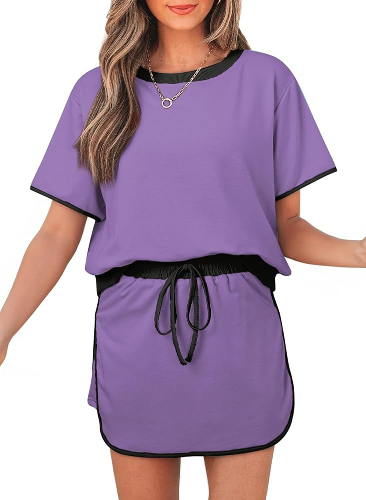 Women's 2 Piece Sets Summer Casual Short Sleeve Tops and Matching Drawstring Skort Going Out Loun... | Amazon (US)