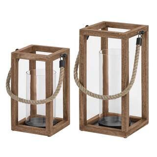 StyleWell Antiqued Brown Wood Lantern Candle Holder - Hanging or Tabletop with Rope Handle (Set o... | The Home Depot
