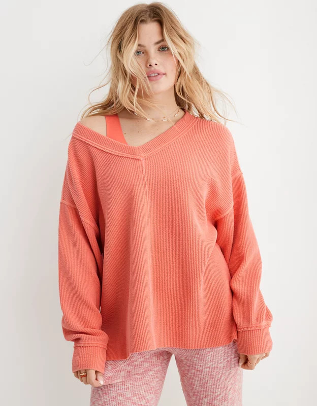 Aerie Wonder Textured V-Neck Sweatshirt | Aerie