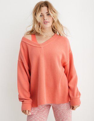 Aerie Wonder Textured V-Neck Sweatshirt | Aerie