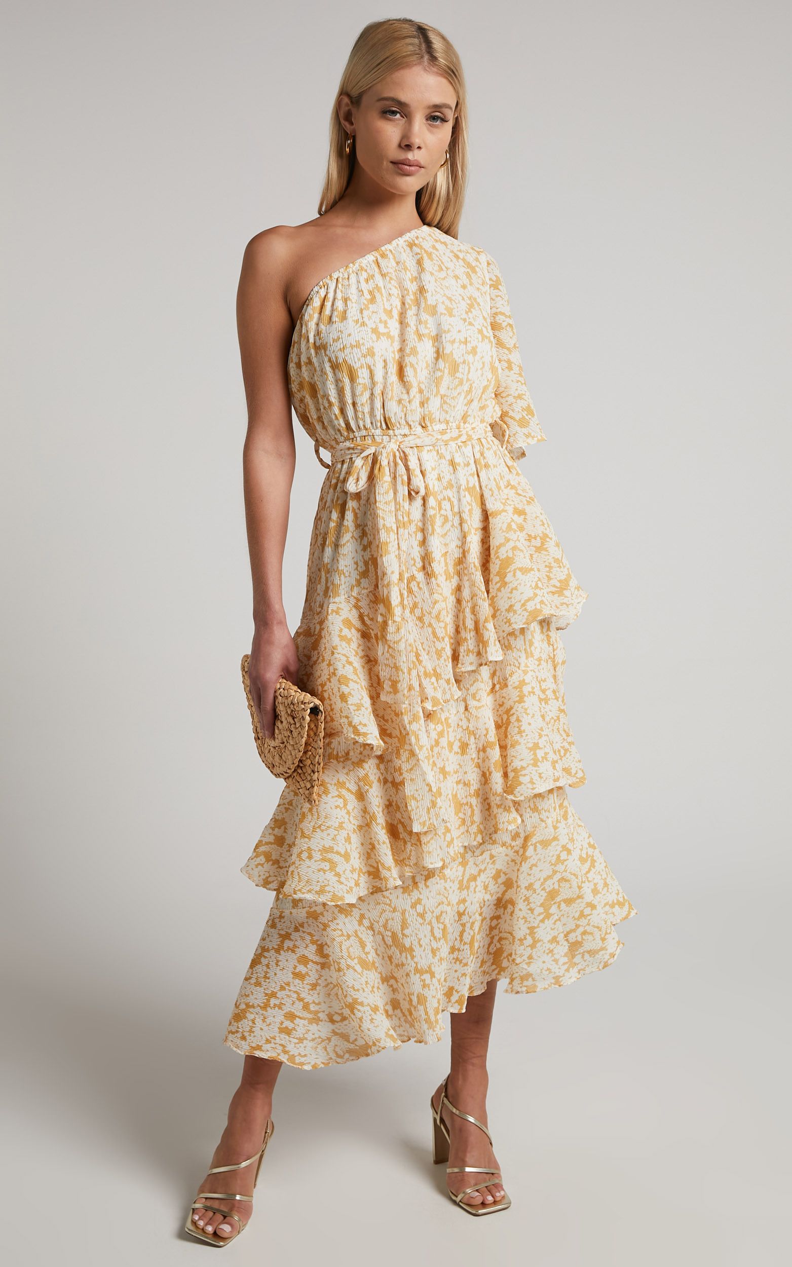 Charlise Midi Dress - Tiered One Shoulder Dress in Yellow Floral | Showpo (US, UK & Europe)