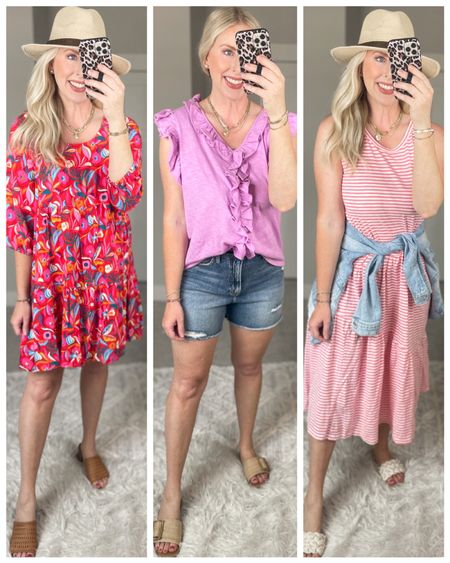 Daily try on, Walmart outfit, Walmart fashion, time and tru, summer dress, printed dress, ruffle top, Target sandals 

#LTKSeasonal #LTKunder50 #LTKFind