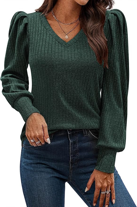 HOTOUCH Women's Knit Shirt Soft Puff Long Sleeve Blouse Tops Lightweight V Neck Tunic XS-XXL | Amazon (US)