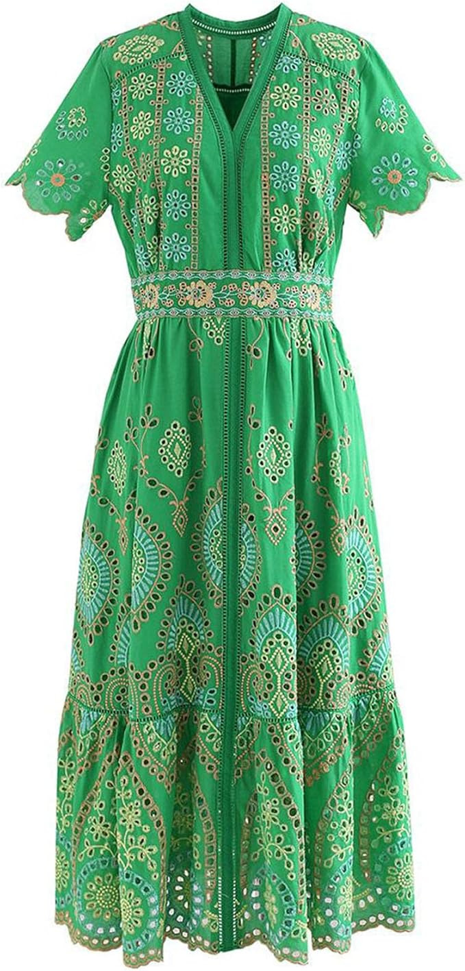 CHICWISH Women Short Sleeves Eyelet Embroidery Cotton Midi Dress V Neck Casual Green Summer Vacat... | Amazon (US)