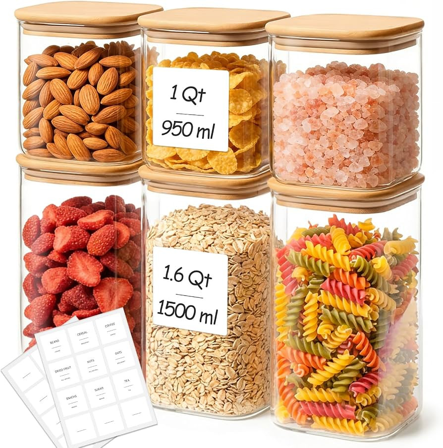 Glass Pantry Storage Containers with Lids 1/1.6 Qt 6 Pack Square | Amazon (US)