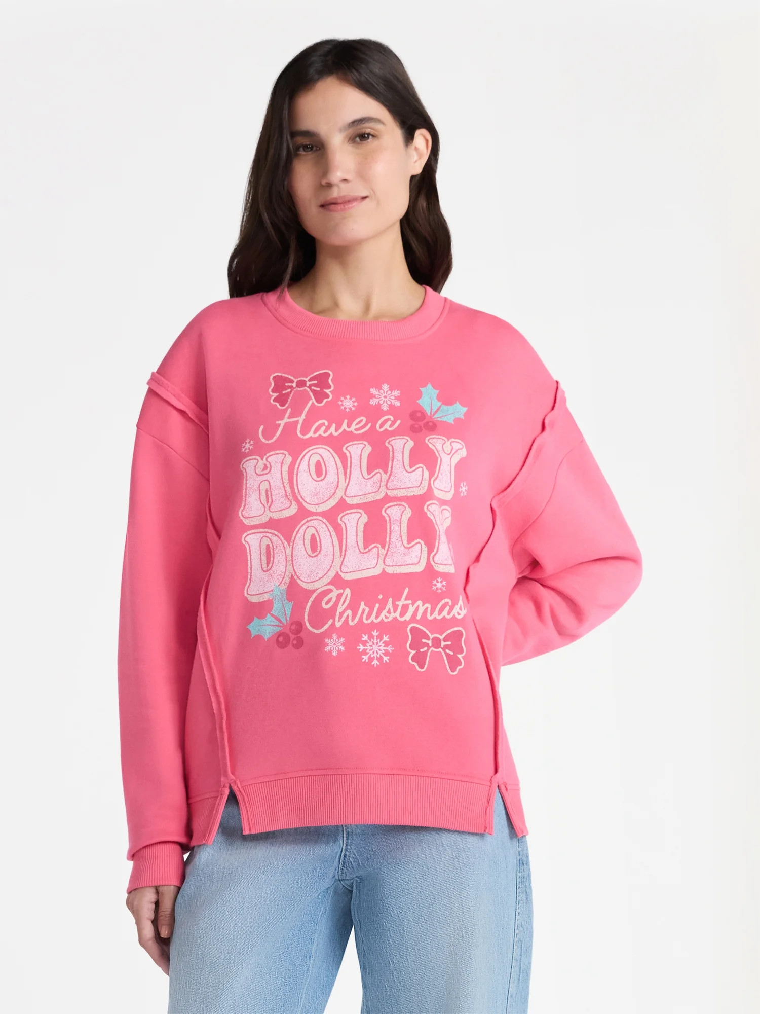 Time and Tru Women's Graphic Long Sleeve Sweatshirt, Holly Dolly Christmas, Sizes XS-XXXL - Walma... | Walmart (US)