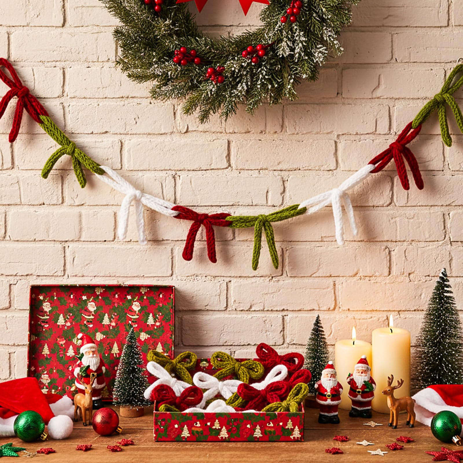 Peryiter 15 Pcs Christmas Bows Garlands Hanging Decor for Wall Fireplace Staircase Indoor Crochet... | Amazon (US)