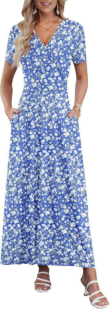 AUSELILY Women's Summer Maxi Dress Short Sleeve Floral Print Bohemian V Neck with Pockets | Amazon (US)