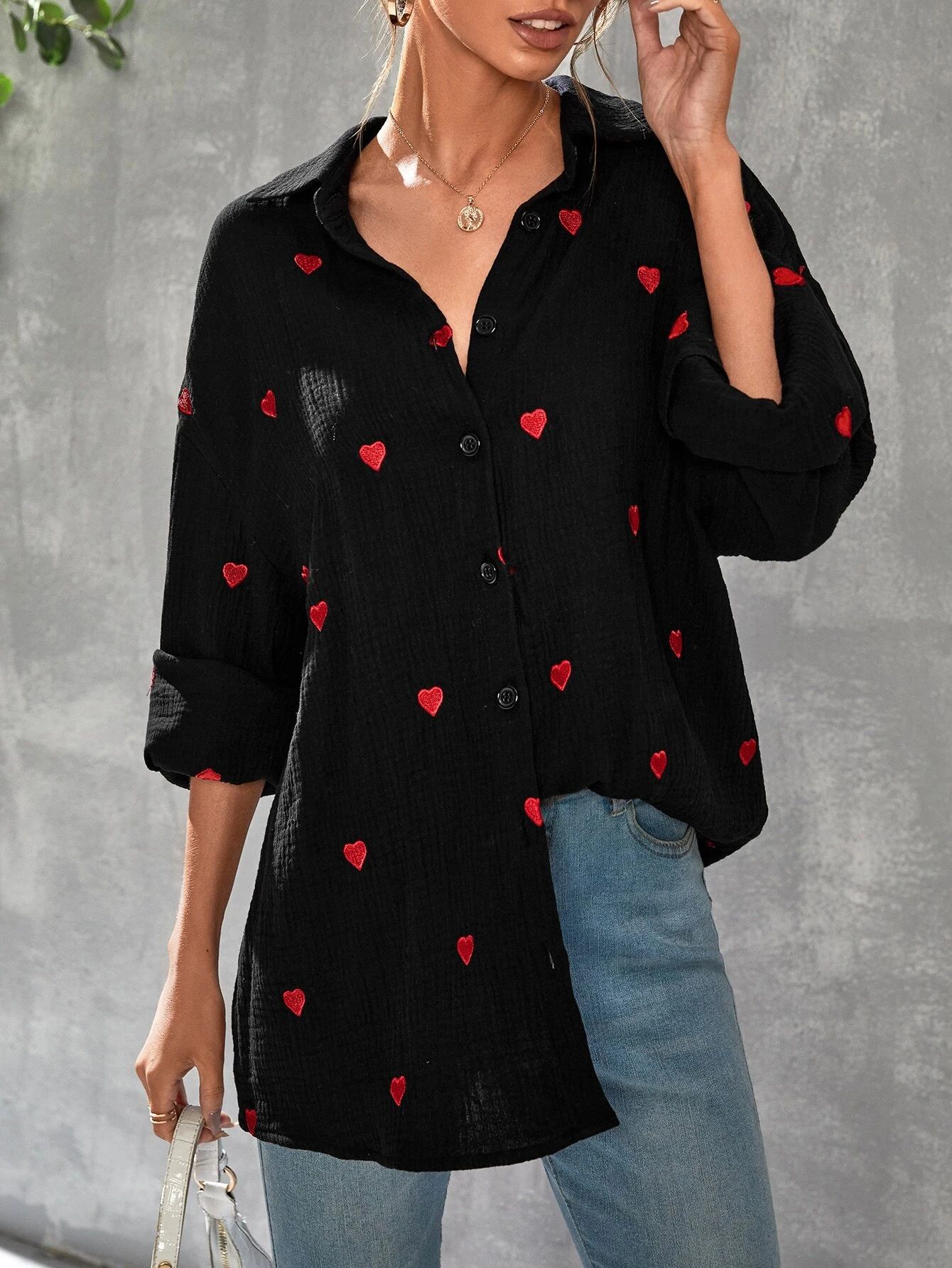 Textured Heart Embroidery Drop Shoulder Blouse | SHEIN