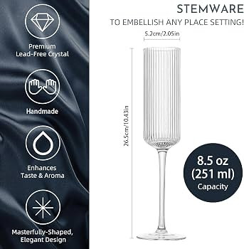 INSETLAN Ribbed Champagne Flutes - Set of 4, 8.5 oz Handmade Lead-Free Crystal Glasses with Elega... | Amazon (US)
