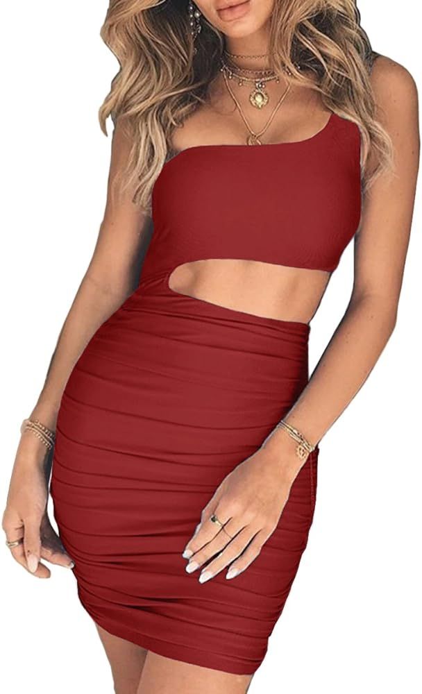 CHYRII Women's Sexy One Shoulder Sleeveless Cutout Ruched Bodycon Mini Club Dress | Amazon (US)