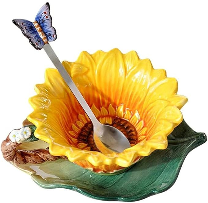 Ceramic Coffee Mug and Saucer set with Spoon ,3D Handmade and Hand-painted Sunflower and Leaf Des... | Amazon (US)