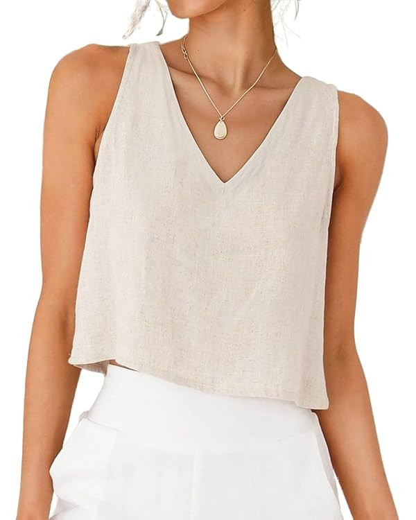 IDEALSANXUN Womens V Neck Cropped Linen Tank Tops Spring Summer Sleeveless Shirts | Amazon (US)