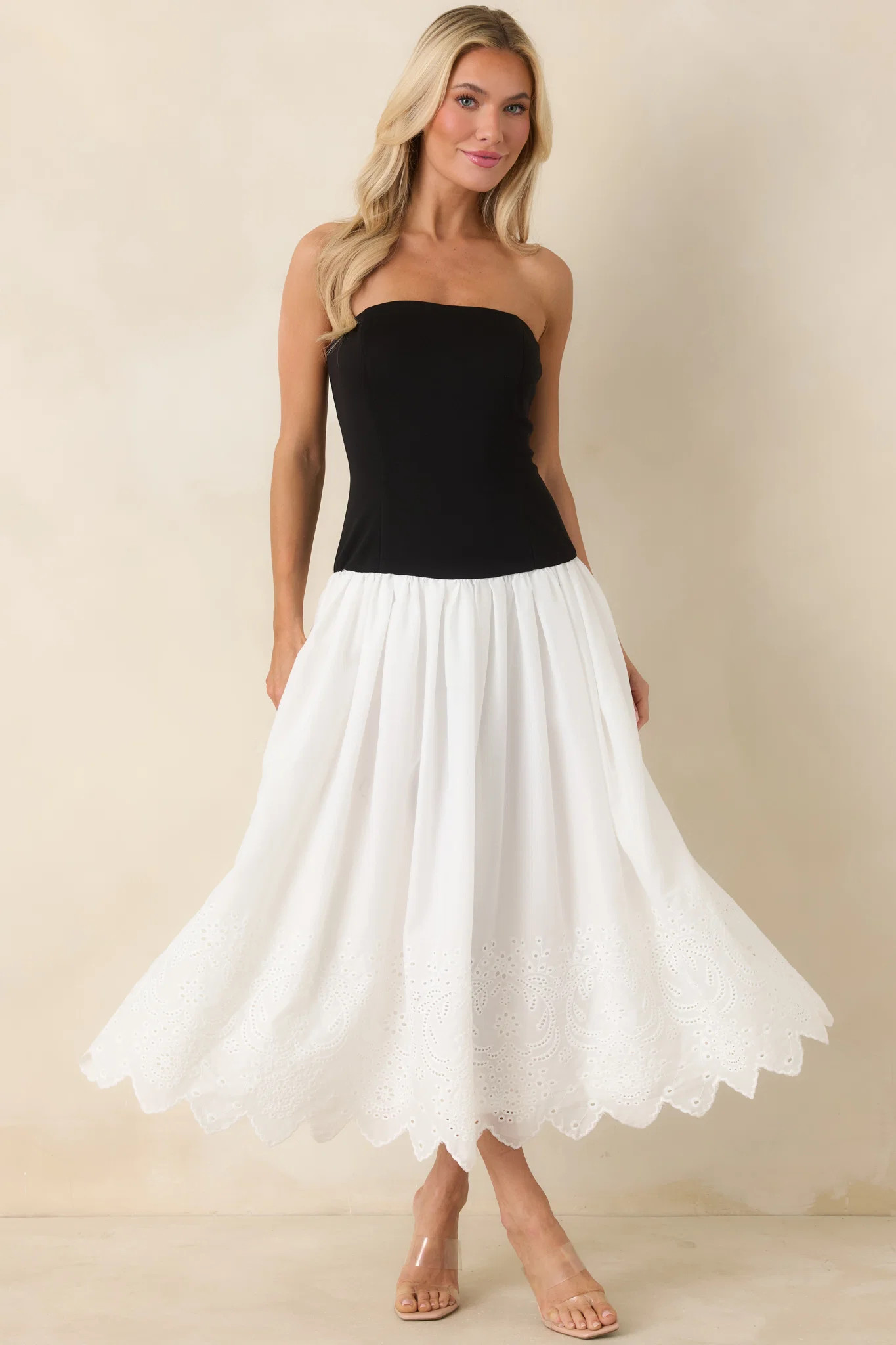 It's a Classic Black & White Cotton Eyelet Strapless Midi Dress | Red Dress