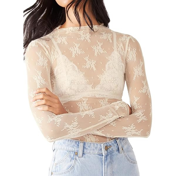 Ugerlov Women's Long Sleeve Mesh Top Mock Neck Sheer Blouse See Through Floral Lace Tops | Amazon (US)